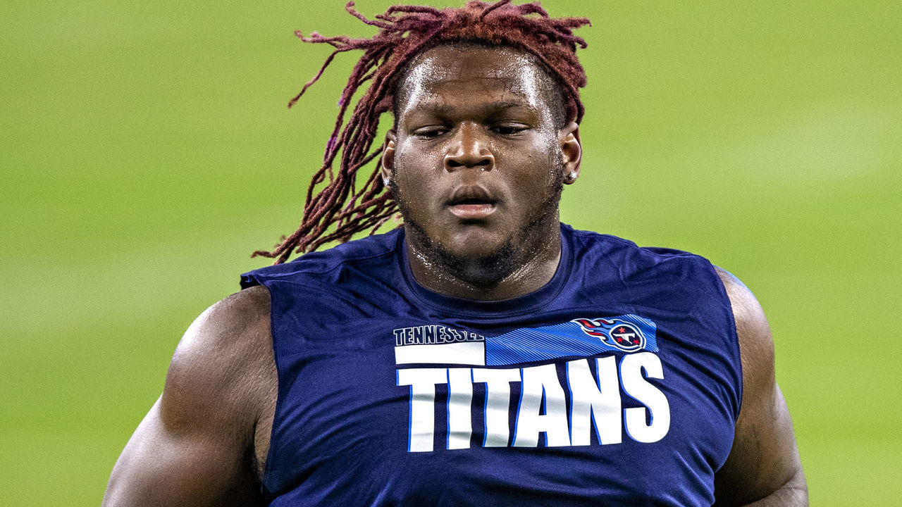 NASHVILLE, TN - NOVEMBER 12: Isaiah Wilson #79 of the Tennessee Titans warms up before a game against the Indianapolis Colts at Nissan Stadium on November 12, 2020 in Nashville, Tennessee. The Colts defeated the Titans 34-17.