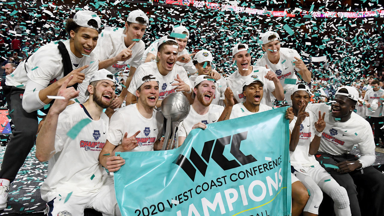 LAS VEGAS, NEVADA - MARCH 10: The Gonzaga Bulldogs celebrate with the trophy after defeating the Saint Mary's Gaels 84-66 to win the championship game of the West Coast Conference basketball tournament at the Orleans Arena on March 10, 2020 in Las Vegas, Nevada.