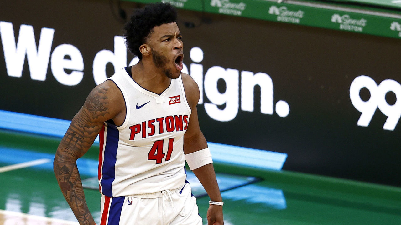 BOSTON, MASSACHUSETTS - FEBRUARY 12: Saddiq Bey #41 of the Detroit Pistons celebrates after scoring against the Boston Celtics during the fourth quarter of the Pistons 108-102 win over the Celtics at TD Garden on February 12, 2021 in Boston, Massachusetts.
