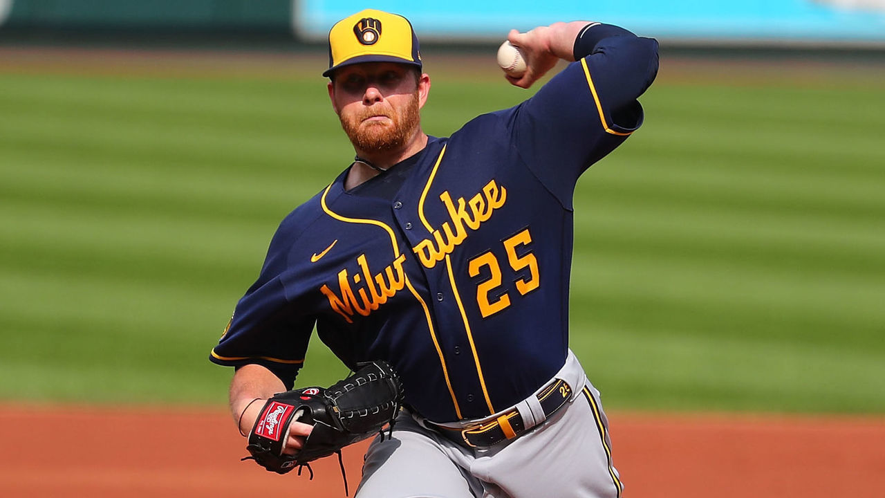 ST LOUIS, MO - SEPTEMBER 27: Brett Anderson #25 of the Milwaukee Brewers delivers a pitch against the St. Louis Cardinals in the first inning at Busch Stadium on September 27, 2020 in St Louis, Missouri.