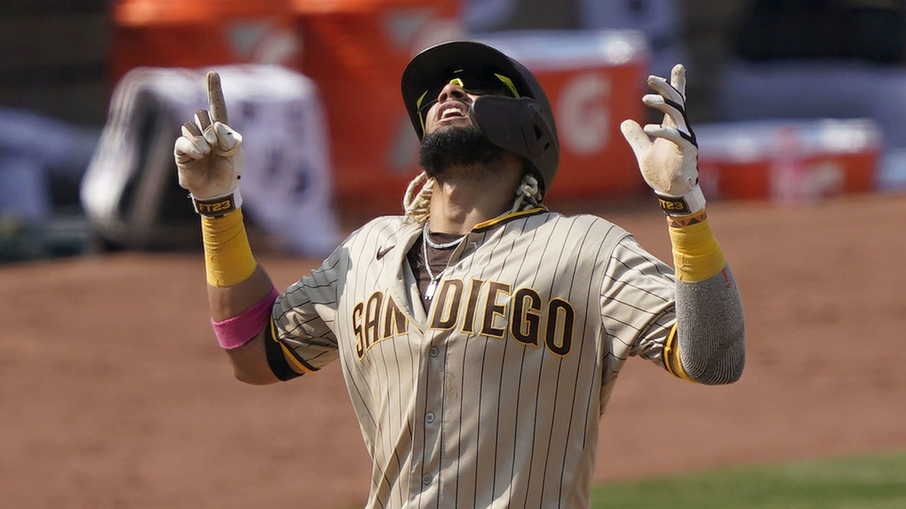 OAKLAND, CALIFORNIA - SEPTEMBER 06: Fernando Tatis Jr. #23 of the San Diego Padres celebrates after he hit a two-run home run against the Oakland Athletics in the top of the seventh inning at RingCentral Coliseum on September 06, 2020 in Oakland, California.