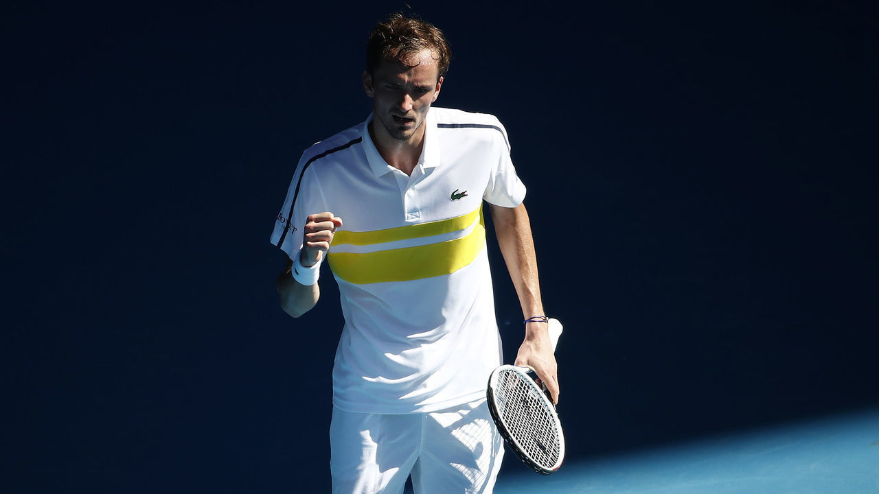 MELBOURNE, AUSTRALIA - FEBRUARY 17: Daniil Medvedev of Russia celebrates a point in his Men’s Singles Quarterfinals match against Andrey Rublev of Russia during day 10 of the 2021 Australian Open at Melbourne Park on February 17, 2021 in Melbourne, Australia.