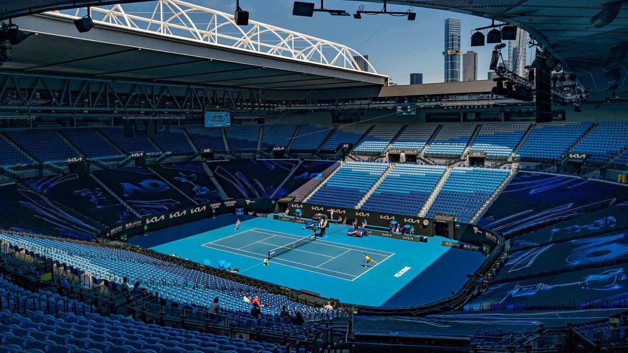MELBOURNE, AUSTRALIA - FEBRUARY 15: A general view of Rod Laver Arena while Jessica Pegula of the United States serves in her Women's Singles fourth round match against Elina Svitolina of Ukraine during day eight of the 2021 Australian Open at Melbourne Park on February 15, 2021 in Melbourne, Australia.