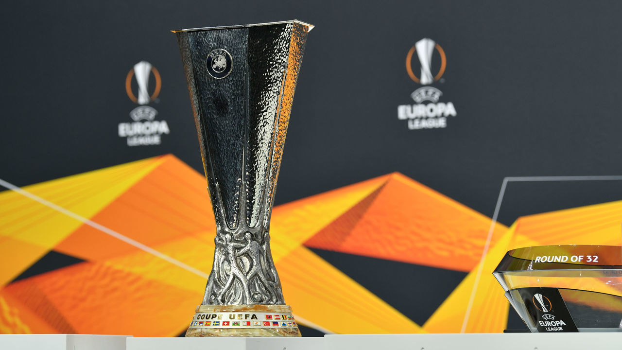 NYON, SWITZERLAND - DECEMBER 14: A view of the UEFA Europa League trophy during the UEFA Europa League 2020/21 Round of 32 draw at the UEFA Headquarters, the House of European Football, on December 14, 2020, in Nyon, Switzerland
