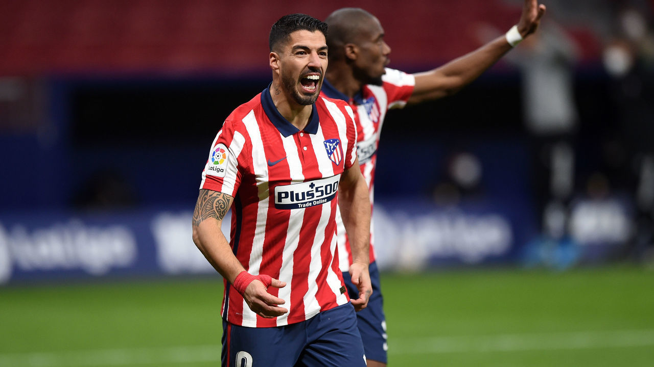 MADRID, SPAIN - FEBRUARY 08: Luis Suarez of Atletico de Madrid celebrates after scoring their team's second goal during the La Liga Santander match between Atletico de Madrid and RC Celta at Estadio Wanda Metropolitano on February 08, 2021 in Madrid, Spain. Sporting stadiums around Spain remain under strict restrictions due to the Coronavirus Pandemic as Government social distancing laws prohibit fans inside venues resulting in games being played behind closed doors.