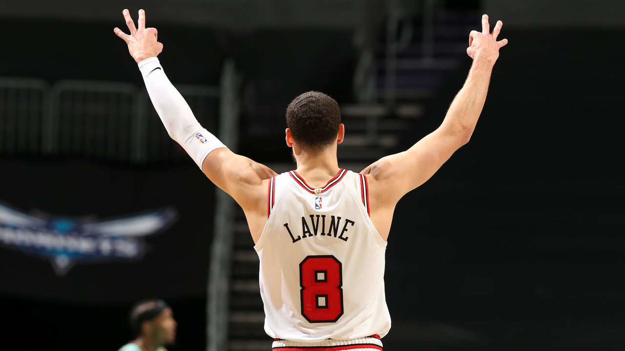 CHARLOTTE, NC - JANUARY 22: Zach LaVine #8 of the Chicago Bulls celebrates during the game against the Charlotte Hornets on January 22, 2021 at Spectrum Center in Charlotte, North Carolina. Mandatory Copyright Notice: Copyright 2021 NBAE