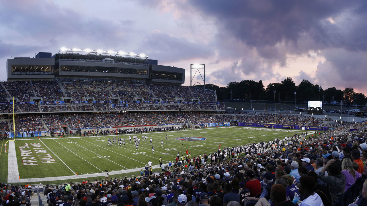 CANTON, OH - AUGUST 02: (EDITORS NOTE: Image is a digital [panoramic] composite.) General view as the sun sets during the Hall of Fame Game between the Baltimore Ravens and Chicago Bears at Tom Benson Hall of Fame Stadium on August 2, 2018 in Canton, Ohio.