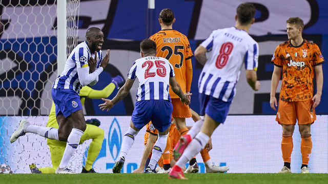 PORTO, PORTUGAL - FEBRUARY 17: Moussa Marega of FC Porto celebrates after scoring his team's second goal during the UEFA Champions League Round of 16 match between FC Porto and Juventus at Estadio do Dragao on February 17, 2021 in Porto, Portugal. Sporting stadiums around Portugal remain under strict restrictions due to the Coronavirus Pandemic as Government social distancing laws prohibit fans inside venues resulting in games being played behind closed doors.