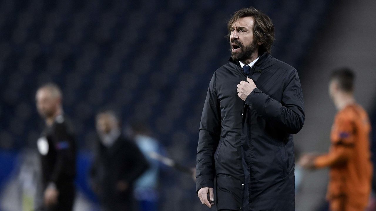 PORTO, PORTUGAL - FEBRUARY 17: head coach of Juventus Andrea Pirlo gives his team instructions during the UEFA Champions League Round of 16 match between FC Porto and Juventus at Estadio do Dragao on February 17, 2021 in Porto, Portugal. Sporting stadiums around Portugal remain under strict restrictions due to the Coronavirus Pandemic as Government social distancing laws prohibit fans inside venues resulting in games being played behind closed doors.
