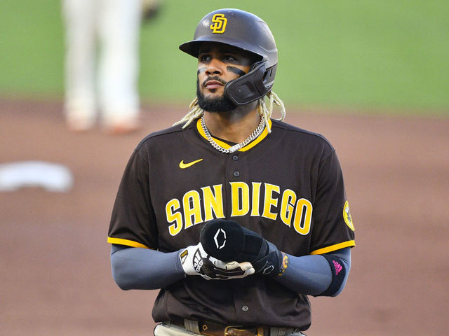 SAN FRANCISCO, CA - SEPTEMBER 25: San Diego Padres shortstop Fernando Tatis (23) looks on during a MLB game between the San Diego Padres and the San Francisco Giants on September 25, 2020 at Oracle Park in San Francisco, CA. The 2020 regular season has been shortened to 60 games due to the COVID-19 Pandemic.