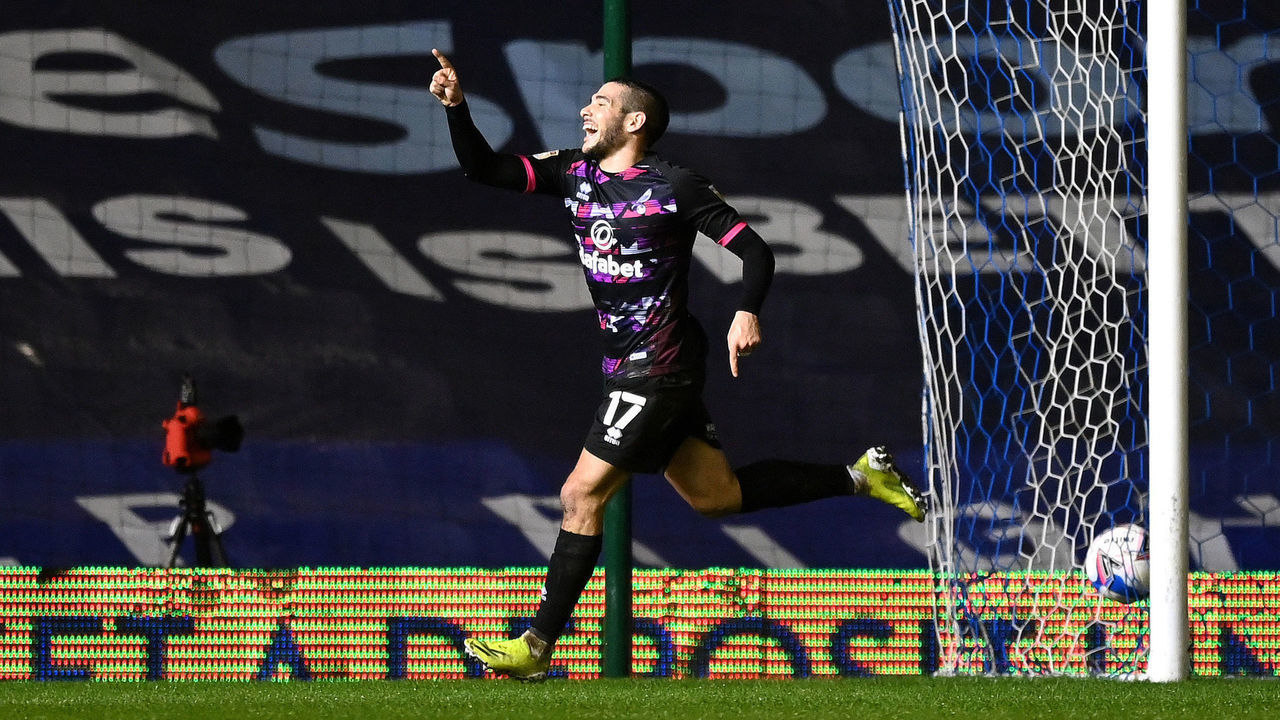 BIRMINGHAM, ENGLAND - FEBRUARY 17: Emiliano Buendia of Norwich City celebrates after scoring their side's second goal during the Sky Bet Championship match between Coventry City and Norwich City at St Andrew's Trillion Trophy Stadium on February 17, 2021 in Birmingham, England. Sporting stadiums around the UK remain under strict restrictions due to the Coronavirus Pandemic as Government social distancing laws prohibit fans inside venues resulting in games being played behind closed doors.