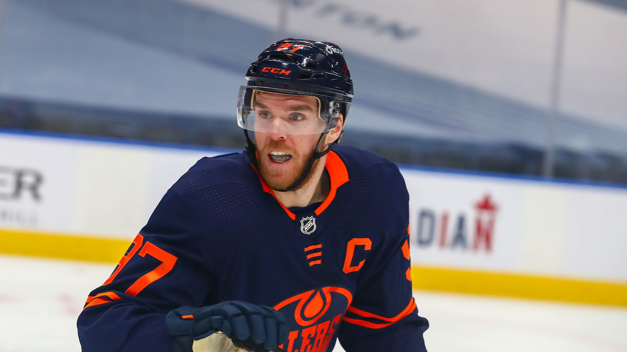 EDMONTON, AB - FEBRUARY 15: Edmonton Oilers Center Connor McDavid (97) in action in the third period during the Edmonton Oilers game versus the Winnipeg Jets on February 15, 2021 at Rogers Place in Edmonton, AB.