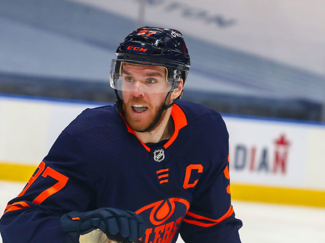 EDMONTON, AB - FEBRUARY 15: Edmonton Oilers Center Connor McDavid (97) in action in the third period during the Edmonton Oilers game versus the Winnipeg Jets on February 15, 2021 at Rogers Place in Edmonton, AB.