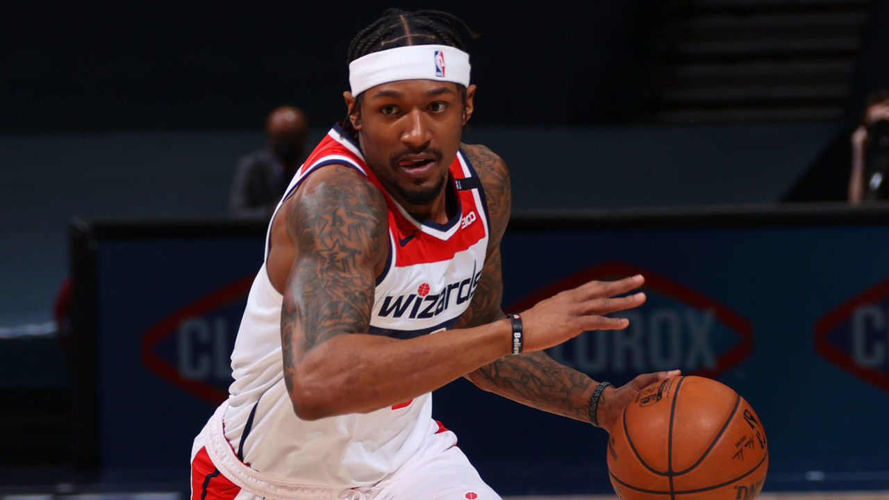 WASHINGTON, DC - FEBRUARY 17: Bradley Beal #3 of the Washington Wizards drives to the basket during the game against the Denver Nuggets on February 17, 2021 at Capital One Arena in Washington, DC. Mandatory Copyright Notice: Copyright 2021 NBAE