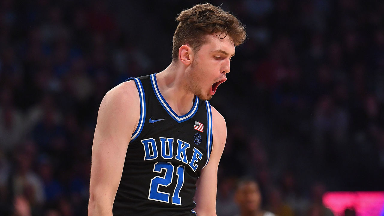 ATLANTA, GA JANUARY 08: Duke's Matthew Hurt (21) reacts after making a three point shot during the NCAA basketball game between the Duke Blue Devils and the Georgia Tech Yellow Jackets on January 8th, 2020 at McCamish Pavilion in Atlanta, GA.