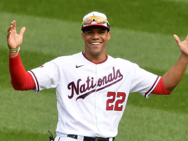 WASHINGTON, DC - SEPTEMBER 27: Juan Soto #22 of the Washington Nationals looks on before a baseball game against the New York Mets at Nationals Park on September 27, 2020 in Washington, DC.