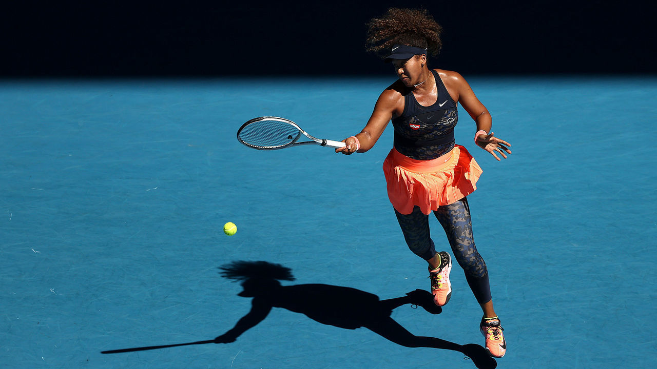 MELBOURNE, AUSTRALIA - FEBRUARY 18: Naomi Osaka of Japan plays a forehand in her Women’s Singles Semifinals match against Serena Williams of the United States during day 11 of the 2021 Australian Open at Melbourne Park on February 18, 2021 in Melbourne, Australia.