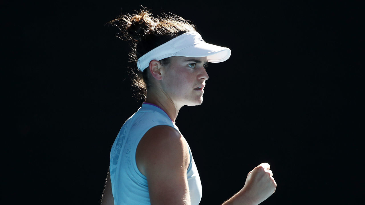MELBOURNE, AUSTRALIA - FEBRUARY 18: Jennifer Brady of the United States celebrates a point in her Women’s Singles Semifinals match against Karolina Muchova of the Czech Republic during day 11 of the 2021 Australian Open at Melbourne Park on February 18, 2021 in Melbourne, Australia.