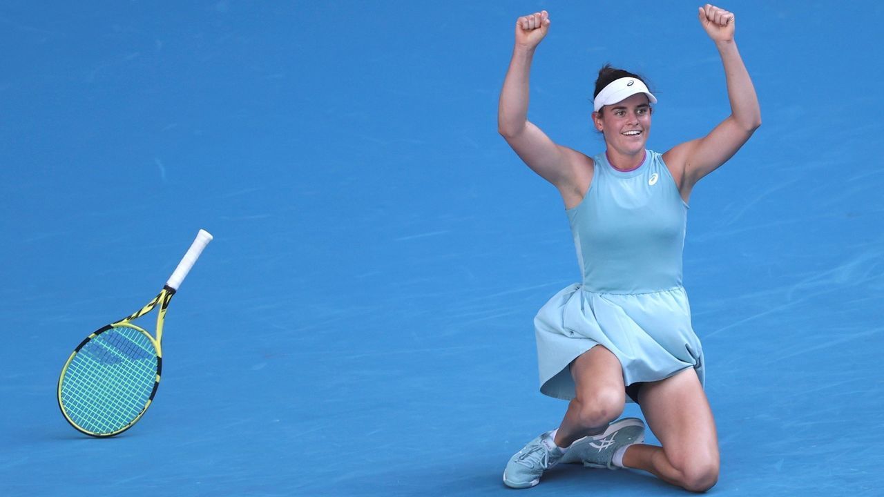 MELBOURNE, Feb. 18, 2021 -- Jennifer Brady of the United States celebrates after winning the women's singles semifinal against Karolina Muchova of the Czech Republic at Australian Open in Melbourne Park in Melbourne, Australia, Feb. 18, 2021.