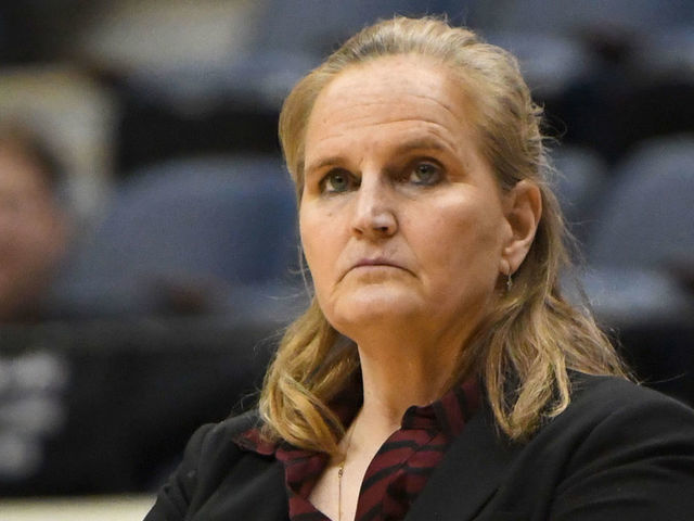 RICHMOND, VA - MARCH 02: Head coach Stephanie Gaitley of the Fordham Lady Rams looks on during the quarterfinal round of the Atlantic-10 Women's Basketball Tournament against the St. Joseph's Hawks at Richmond Coliseum on March 2, 2018 in Richmond, Virginia. The Billikens won 52-49. Photo by Mitchell Layton/Getty Images)