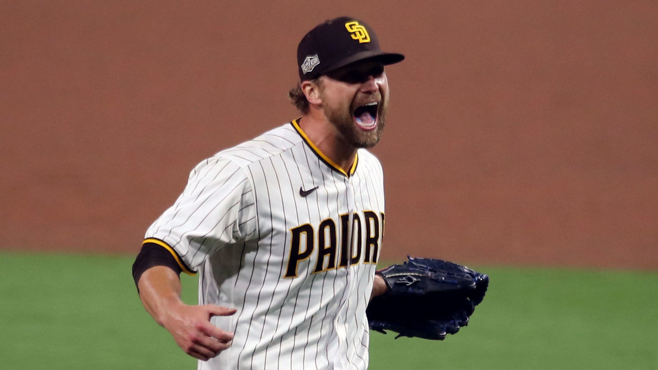 SAN DIEGO, CA - OCTOBER 02: Trevor Rosenthal #47 of the San Diego Padres celebrates after the Padres defeated the St. Louis Cardinals in Game 3 of the Wild Card Series at Petco Park on Friday, October 2, 2020 in San Diego, California.