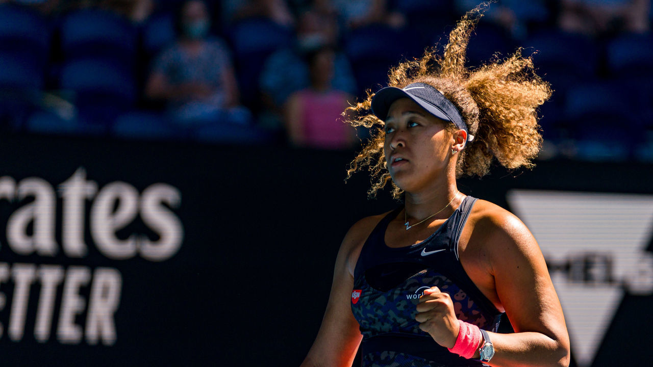 MELBOURNE, AUSTRALIA - FEBRUARY 18: Naomi Osaka of Japan celebrates winning a point in her Women’s Singles Semifinals match against Serena Williams of the United States during day 11 of the 2021 Australian Open at Melbourne Park on February 18, 2021 in Melbourne, Australia.