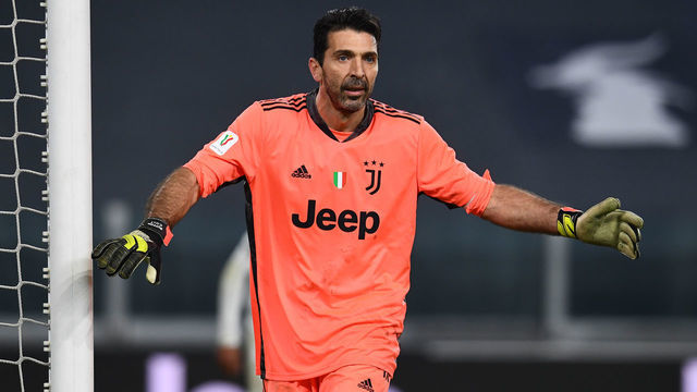 TURIN, ITALY - FEBRUARY 09: Gianluigi Buffon of Juventus reacts during the Coppa Italia semi-final Juventus and FC Internazionale at Allianz Stadium on February 09, 2021 in Turin, Italy. Sporting stadiums around Italy remain under strict restrictions due to the Coronavirus Pandemic as Government social distancing laws prohibit fans inside venues resulting in games being played behind closed doors.