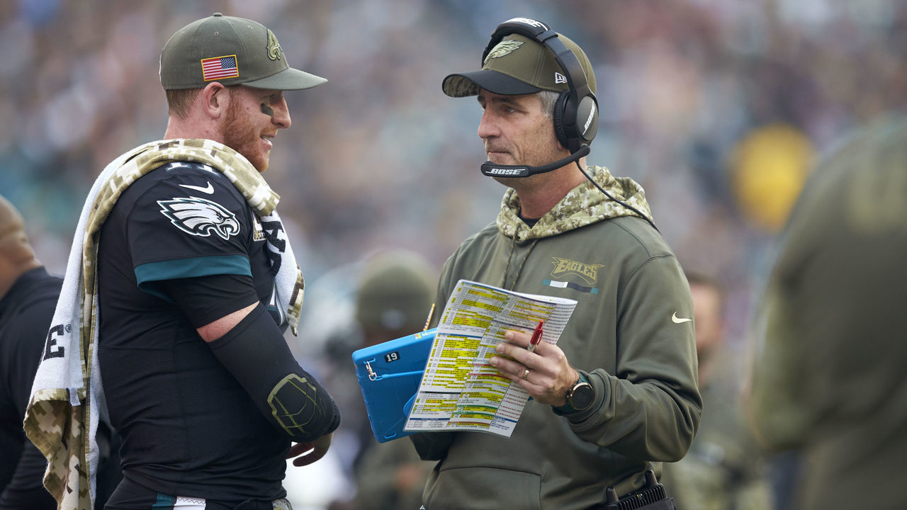 Football: Philadelphia Eagles QB Carson Wentz (11) with offensive coordinator Frank Reich during game vs Denver Broncos at Lincoln Financial Field. Philadelphia, PA 11/5/2017 CREDIT: Rob Tringali (Set Number: X161526 TK1 )
