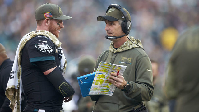 Football: Philadelphia Eagles QB Carson Wentz (11) with offensive coordinator Frank Reich during game vs Denver Broncos at Lincoln Financial Field. Philadelphia, PA 11/5/2017 CREDIT: Rob Tringali (Set Number: X161526 TK1 )
