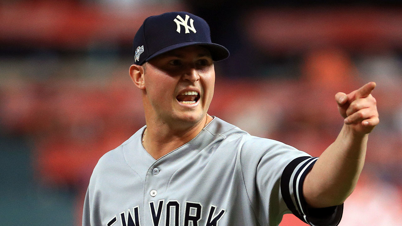 HOUSTON, TEXAS - OCTOBER 12: Zack Britton #53 of the New York Yankees celebrates after retiring the side in the eighth inning against the Houston Astros in game one of the American League Championship Series at Minute Maid Park on October 12, 2019 in Houston, Texas.