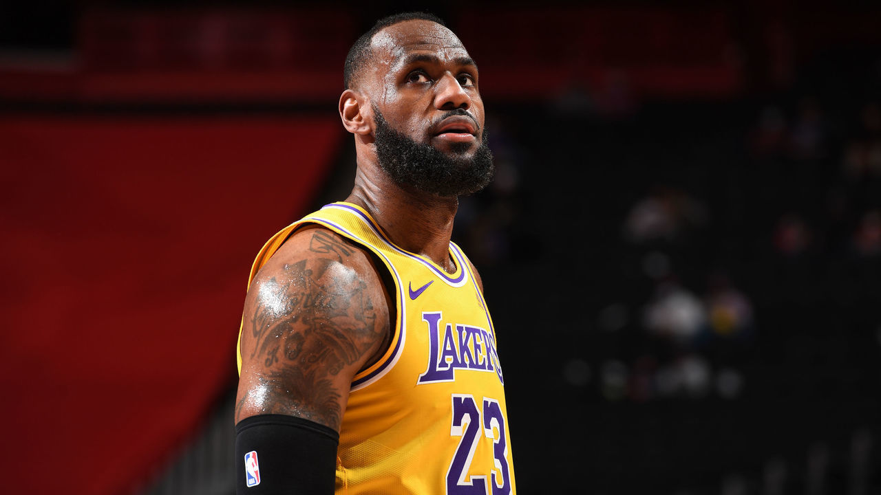 DETROIT, MI - JANUARY 28: LeBron James #23 of the Los Angeles Lakers looks on during the game against the Detroit Pistons on January 28, 2021 at Little Caesars Arena in Detroit, Michigan. NOTE TO USER: User expressly acknowledges and agrees that, by downloading and/or using this photograph, User is consenting to the terms and conditions of the Getty Images License Agreement. Mandatory Copyright Notice: Copyright 2021 NBAE