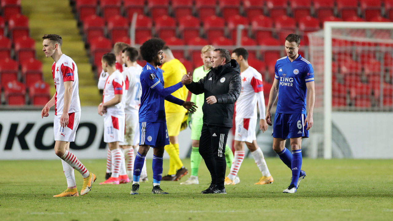PRAGUE, CZECH REPUBLIC - FEBRUARY 18: Leicester City Manager Brendan Rodgers and Hamza Choudhury of Leicester City after the UEFA Europa League Round of 32 match between Slavia Prague and Leicester City at Sinobo Stadium on February 18, 2021 in Prague, Czech Republic.