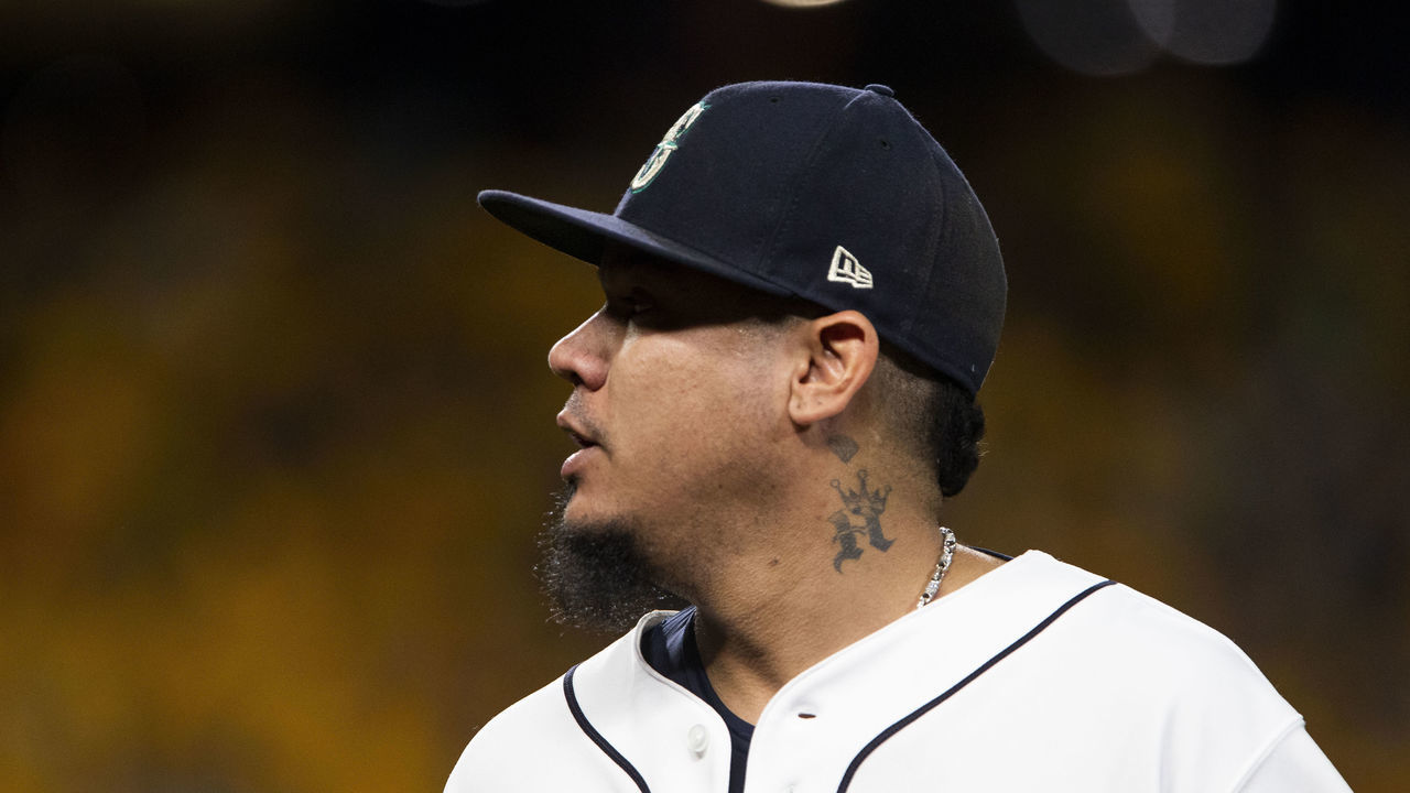 SEATTLE, WA - SEPTEMBER 26: Felix Hernandez #34 of the Seattle Mariners walks off the field after pitching in the first inning against the Oakland Athletics at T-Mobile Park on September 26, 2019 in Seattle, Washington.