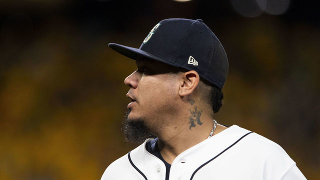 SEATTLE, WA - SEPTEMBER 26: Felix Hernandez #34 of the Seattle Mariners walks off the field after pitching in the first inning against the Oakland Athletics at T-Mobile Park on September 26, 2019 in Seattle, Washington.