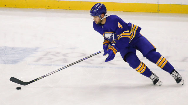 BUFFALO, NY - JANUARY 26: Buffalo Sabres left wing Taylor Hall (4) skates during warmups prior to the New York Rangers and Buffalo Sabres NHL game on January 26, 2021, at KeyBank Center in Buffalo, NY.