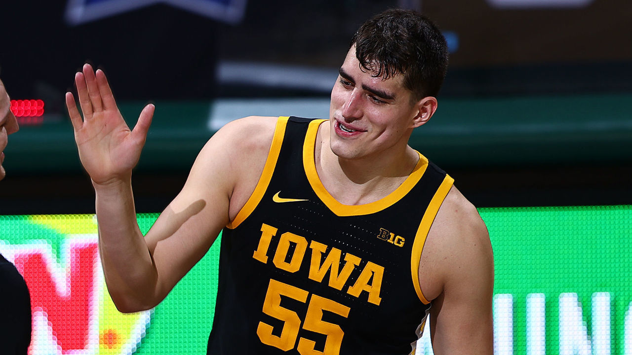 EAST LANSING, MICHIGAN - FEBRUARY 13: Luka Garza #55 of the Iowa Hawkeyes celebrates with Jack Nunge #2 of the Iowa Hawkeyes in the second half of the game against the Michigan State Spartans at Breslin Center on February 13, 2021 in East Lansing, Michigan.