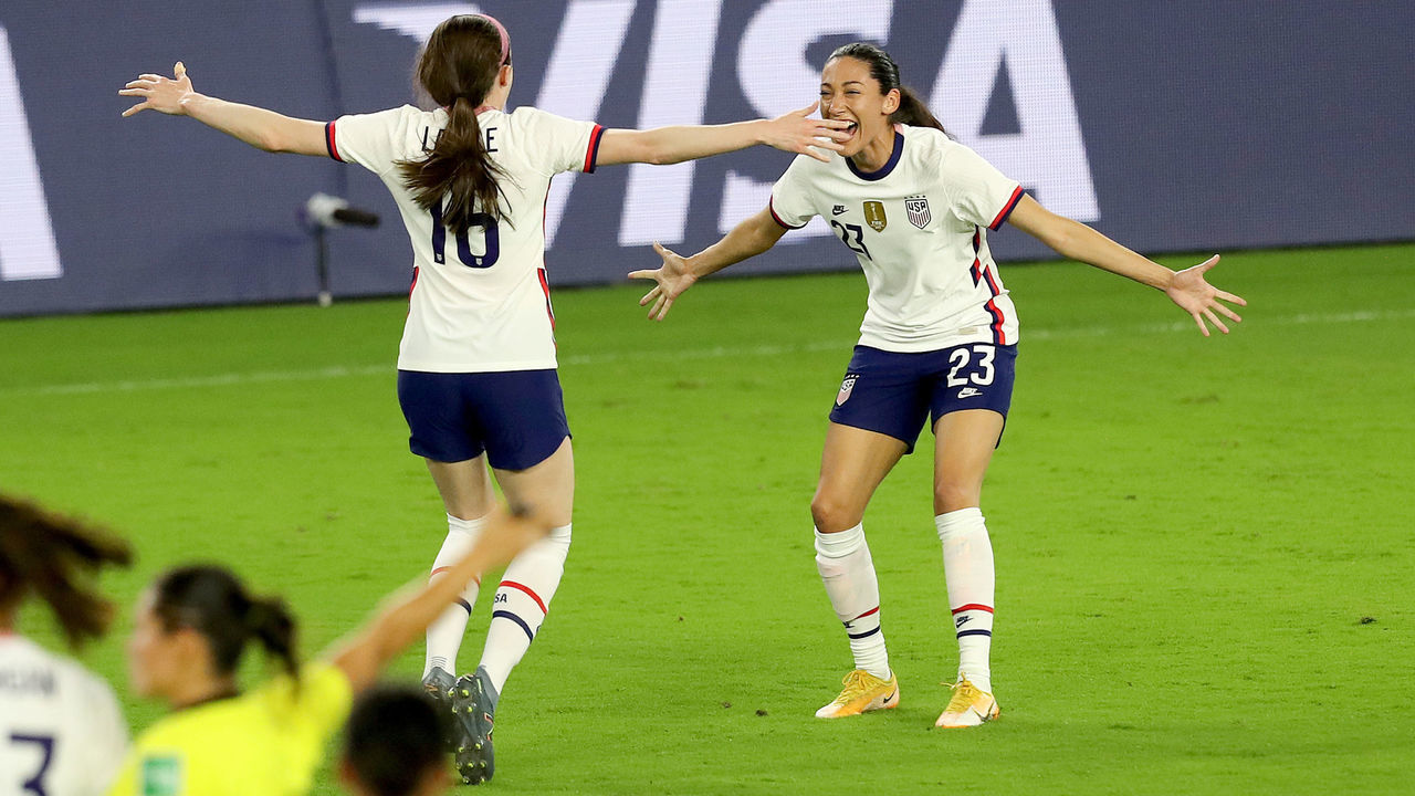 ORLANDO, FL - FEBRUARY 18: Rose Lavelle #16 of United States celebrates with Christen Press #23 after scoring a goal against Canada during the SheBelieves Cup at Exploria Stadium on February 18, 2021 in Orlando, Florida.