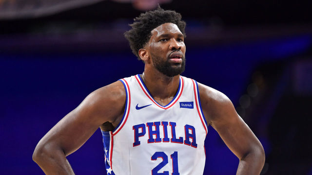PHILADELPHIA, PA - JANUARY 20: Joel Embiid #21 of the Philadelphia 76ers looks on during a game against the Boston Celtics on January 20, 2021 at Wells Fargo Center in Philadelphia, Pennsylvania. NOTE TO USER: User expressly acknowledges and agrees that, by downloading and/or using this Photograph, user is consenting to the terms and conditions of the Getty Images License Agreement. Mandatory Copyright Notice: Copyright 2021 NBAE