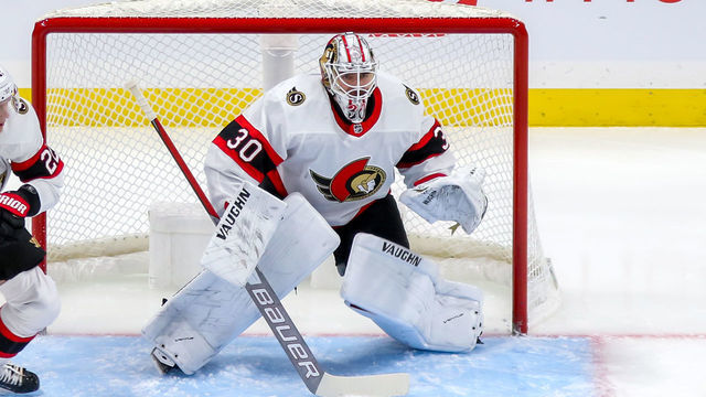 WINNIPEG, MB - FEBRUARY 11: Goaltender Matt Murray #30 of the Ottawa Senators guards the net during first period action against the Winnipeg Jets at Bell MTS Place on February 11, 2021 in Winnipeg, Manitoba.