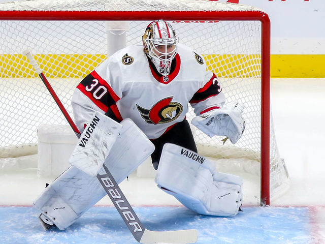WINNIPEG, MB - FEBRUARY 11: Goaltender Matt Murray #30 of the Ottawa Senators guards the net during first period action against the Winnipeg Jets at Bell MTS Place on February 11, 2021 in Winnipeg, Manitoba.
