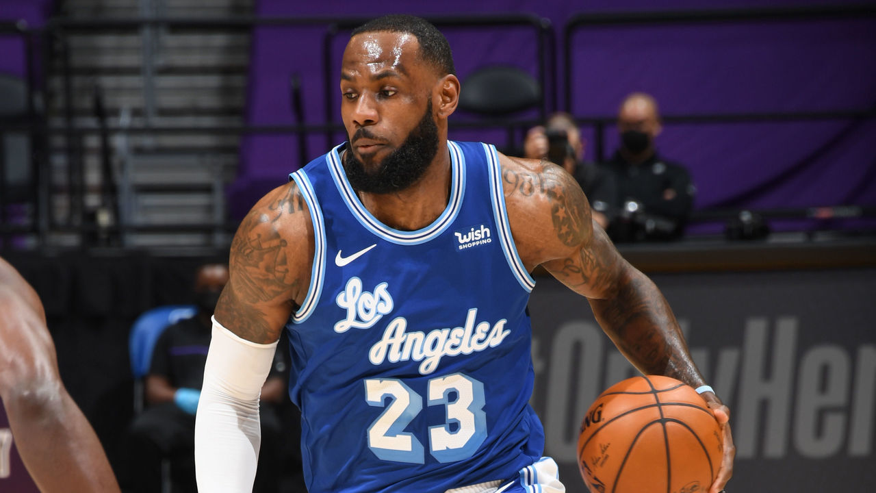 LOS ANGELES, CA - FEBRUARY 18: LeBron James #23 of the Los Angeles Lakers handles the ball during the game against the Brooklyn Nets on February 18, 2021 at STAPLES Center in Los Angeles, California. NOTE TO USER: User expressly acknowledges and agrees that, by downloading and/or using this Photograph, user is consenting to the terms and conditions of the Getty Images License Agreement. Mandatory Copyright Notice: Copyright 2021 NBAE