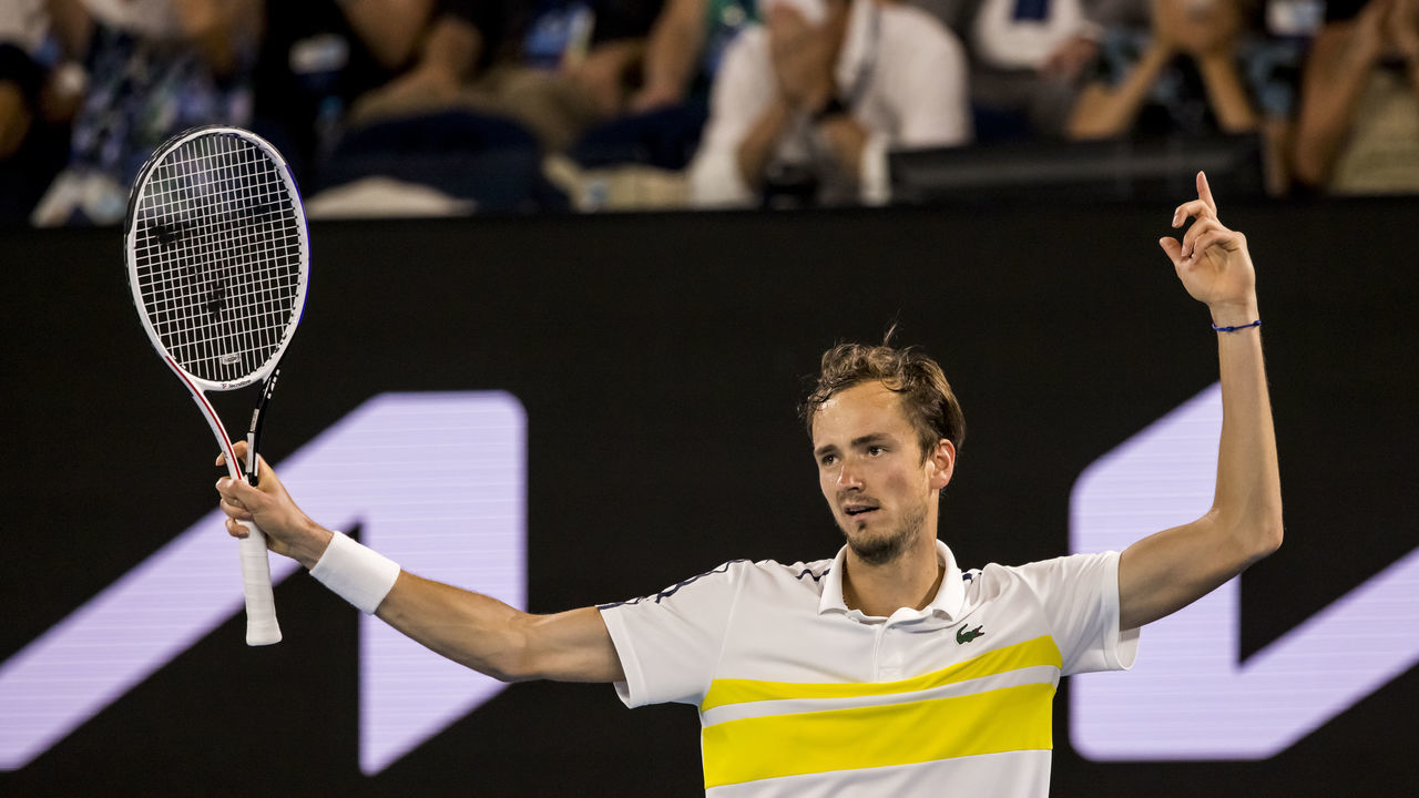 MELBOURNE, VIC - FEBRUARY 19: Daniil Medvedev of Russia celebrates after winning a game during the semifinals of the 2021 Australian Open on February 19 2021, at Melbourne Park in Melbourne, Australia.