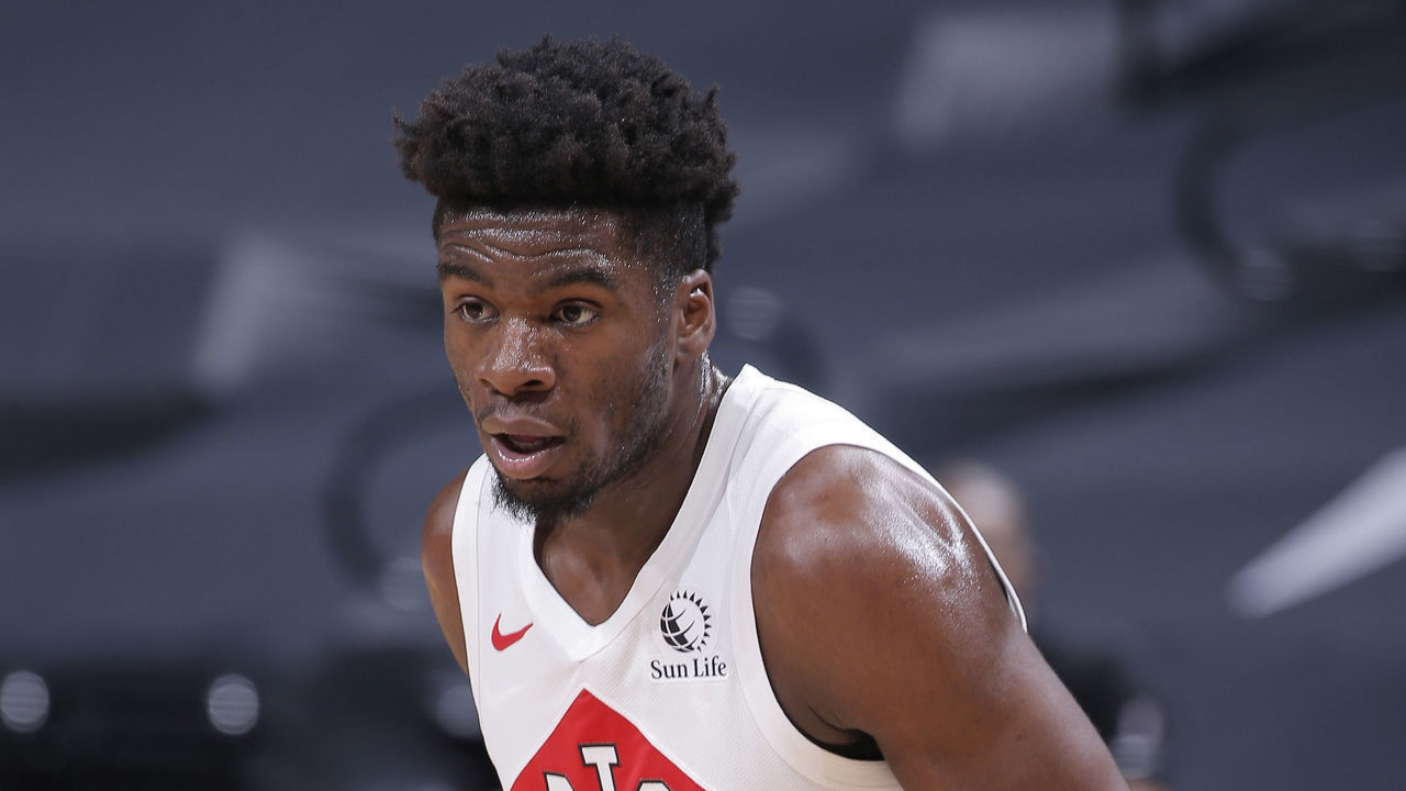 SACRAMENTO, CA - JANUARY 8: Terence Davis #0 of the Toronto Raptors looks on during the game against the Sacramento Kings on January 8, 2021 at Golden 1 Center in Sacramento, California. NOTE TO USER: User expressly acknowledges and agrees that, by downloading and or using this photograph, User is consenting to the terms and conditions of the Getty Images Agreement. Mandatory Copyright Notice: Copyright 2021 NBAE