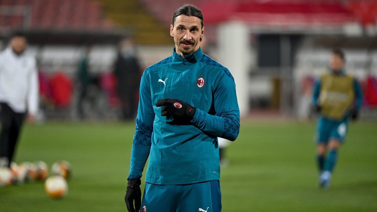AC Milan's Swedish forward Zlatan Ibrahimovic looks on during warm up before the start of the UEFA Europa League round of 32 football match between Crvena Zvezda Beograd (Red Star Belgrade) and AC Milan at the Rajko Mitic stadium in Belgrade, on February 18, 2021.