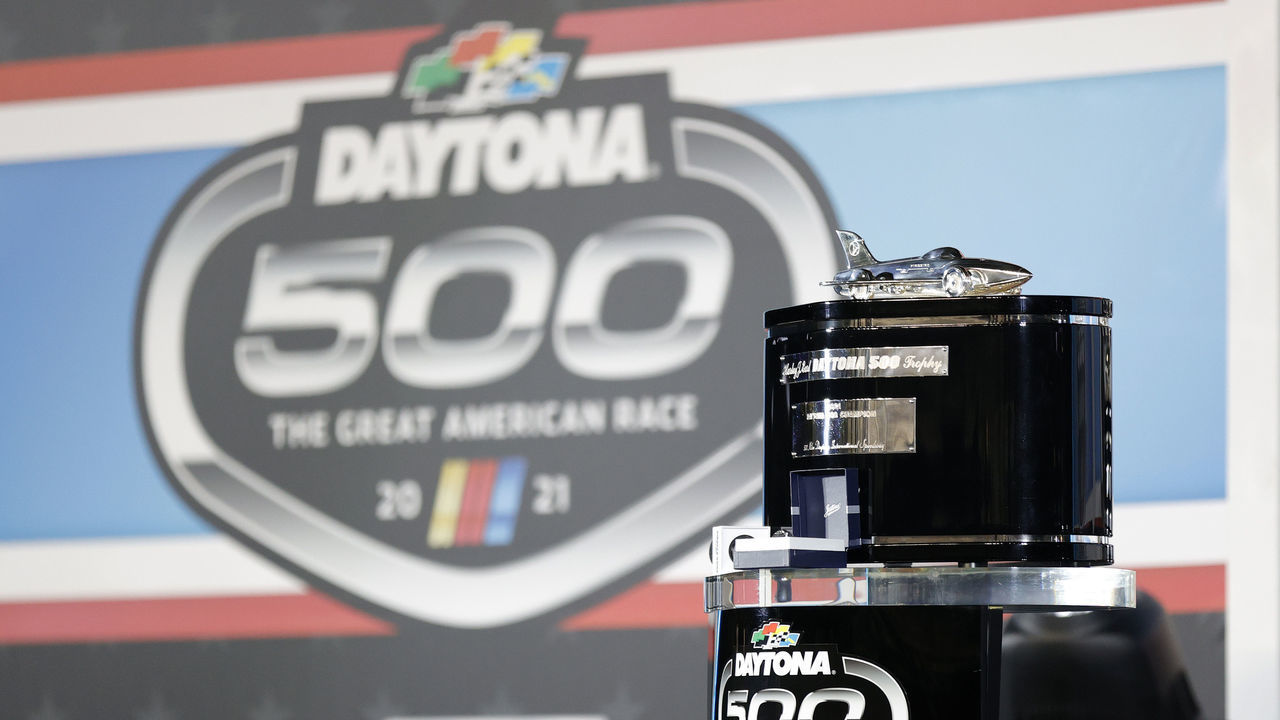 DAYTONA BEACH, FLORIDA - FEBRUARY 14: The Harley J. Earl Trophy is displayed on victory lane after the NASCAR Cup Series 63rd Annual Daytona 500 at Daytona International Speedway on February 14, 2021 in Daytona Beach, Florida.