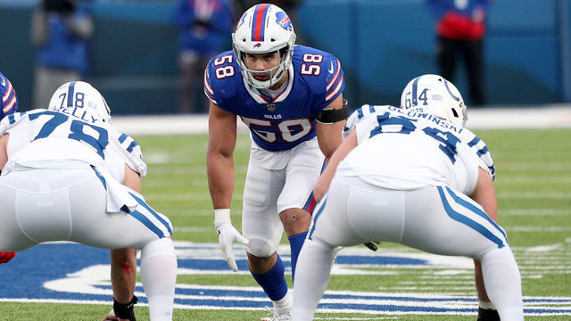 ORCHARD PARK, NEW YORK - JANUARY 09: Matt Milano #58 of the Buffalo Bills lines up during the fourth quarter of an AFC Wild Card playoff game against the Indianapolis Colts at Bills Stadium on January 09, 2021 in Orchard Park, New York.