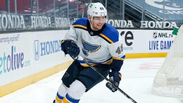 ANAHEIM, CA - JANUARY 31: Ivan Barbashev #49 of the St. Louis Blues skates against the Anaheim Ducks during the first period of the game at Honda Center on January 31, 2021 in Anaheim, California.