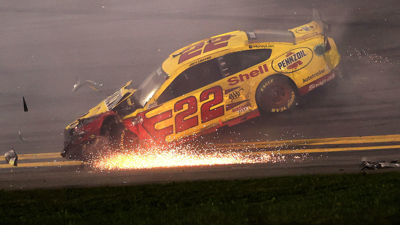 DAYTONA BEACH, FLORIDA - FEBRUARY 14: Joey Logano, driver of the #22 Shell Pennzoil Ford, spins after an on-track incident during the NASCAR Cup Series 63rd Annual Daytona 500 at Daytona International Speedway on February 14, 2021 in Daytona Beach, Florida.