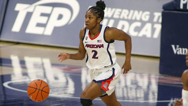 TUCSON, AZ - DECEMBER 06: Arizona Wildcats guard Aari McDonald (2) dribbles the ball during a college women's basketball game between the USC Trojans and the Arizona Wildcats on December 06, 2020, at McKale Center in Tucson, AZ.