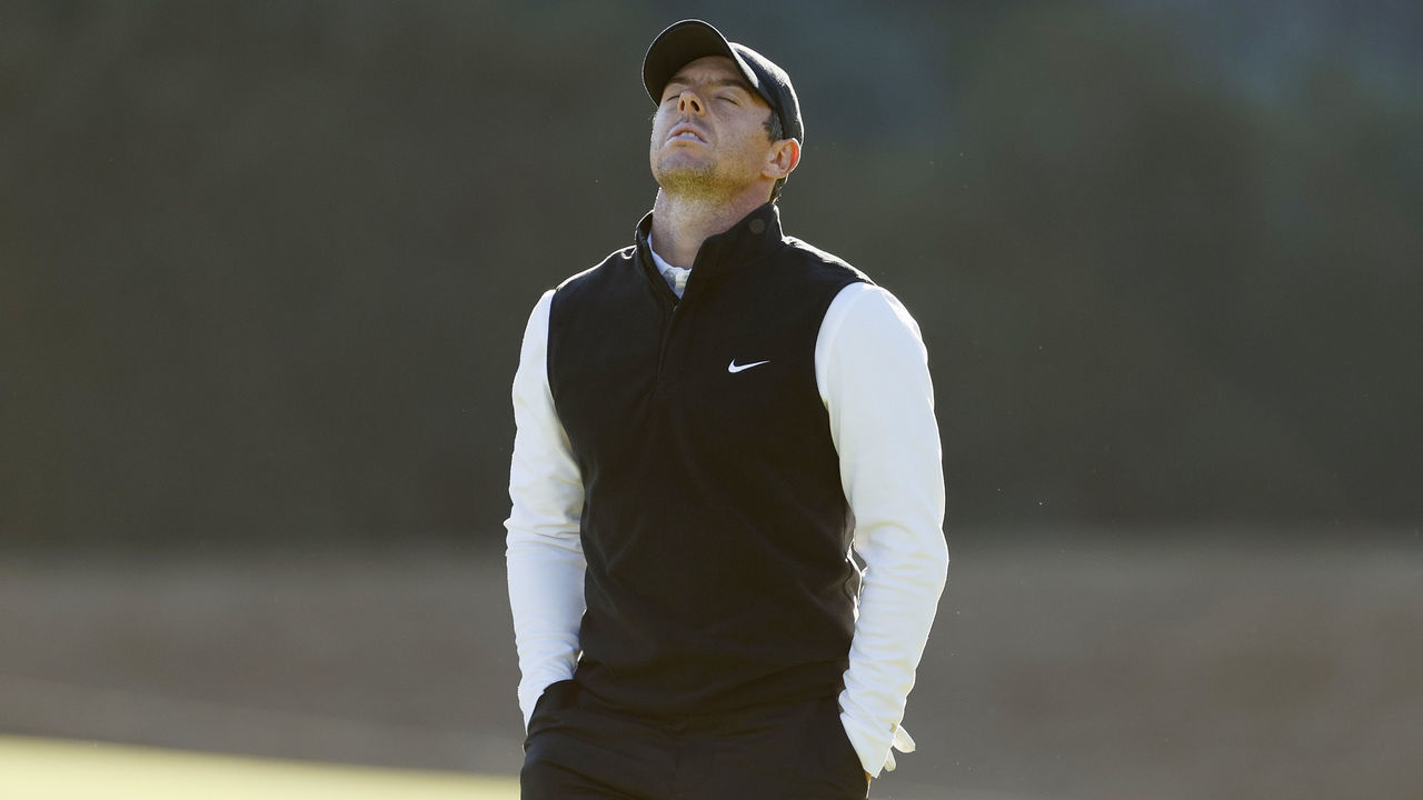 PACIFIC PALISADES, CALIFORNIA - FEBRUARY 19: Rory McIlroy of Northern Ireland reacts on the 14th green during the second round of The Genesis Invitational at Riviera Country Club on February 19, 2021 in Pacific Palisades, California.